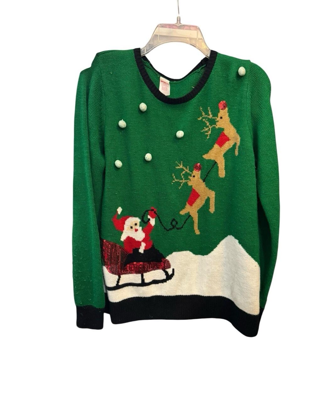 Holiday Time Santa Claus Reindeer Sequins Pom Poms Ugly Christmas Sweater XL